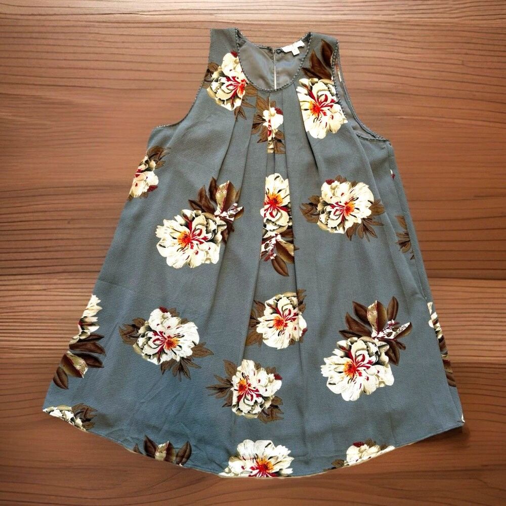 Umgee Womens Size Medium Gray Floral Tunic Mini Dress Boho Sleeveless Swing